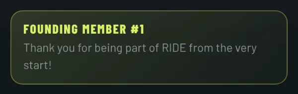 Account in RIDE with the badge “Founding member #1”
