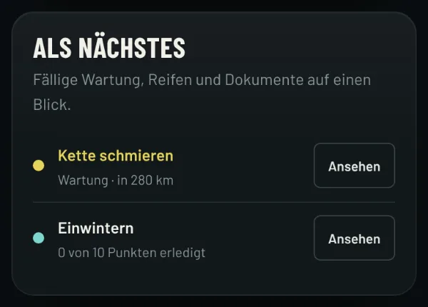 Als Nächstes in RIDE: die nächsten fälligen Wartungspunkte