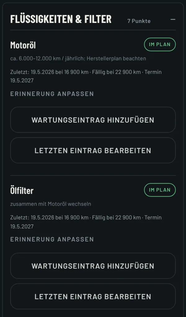 Reiter Wartung in RIDE: Wartungspunkte mit Fälligkeit