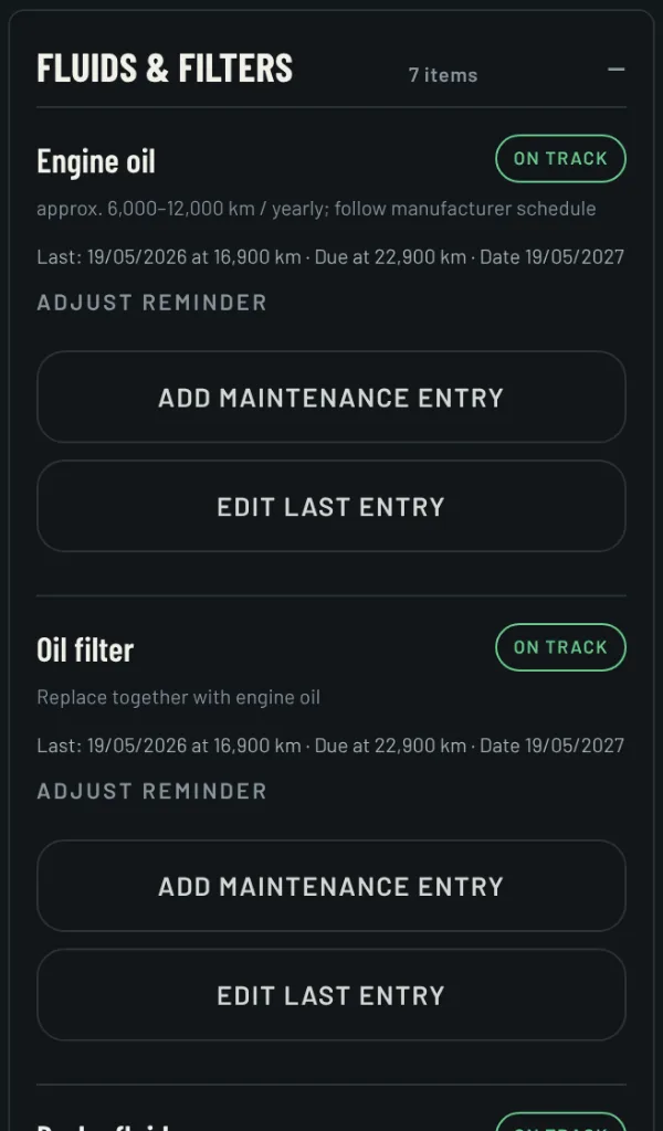 Service tab in RIDE: maintenance items with due status