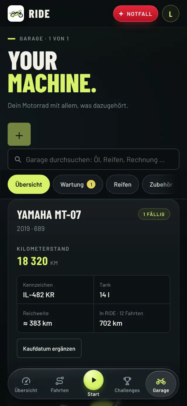 Garage in RIDE: Yamaha MT-07 mit Kilometerstand, Tank, Reichweite und den Reitern Wartung, Reifen, Zubehör, Kosten und Dokumente