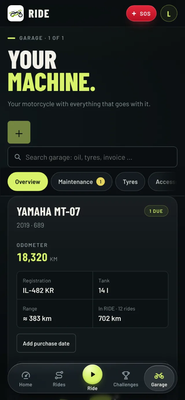 Garage in RIDE: Yamaha MT-07 with odometer, tank size and range, plus the tabs for service, tyres, accessories, costs and documents