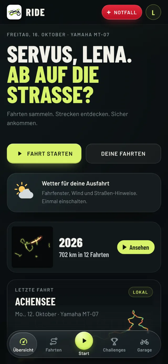 RIDE-Startseite: Begrüßung, Knopf „Fahrt starten“, Wetter und Jahresrückblick