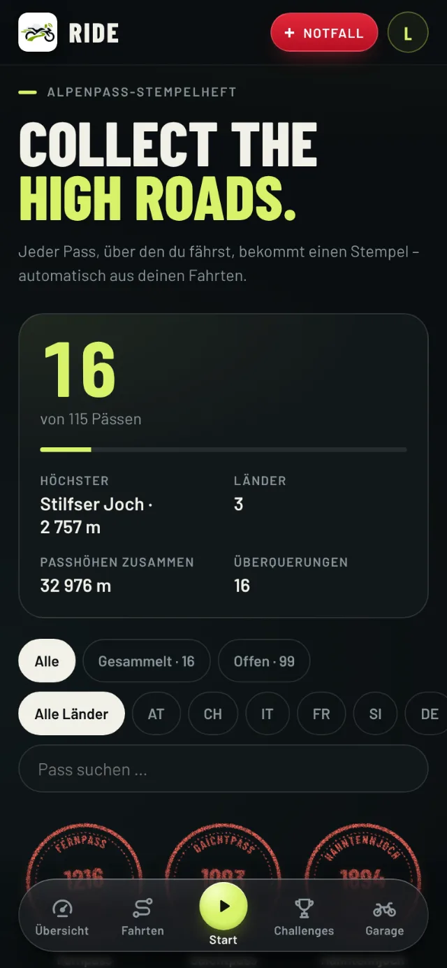 Stempelheft in RIDE: 16 von 115 Pässen, höchster Pass Stilfser Joch, Filter nach Land
