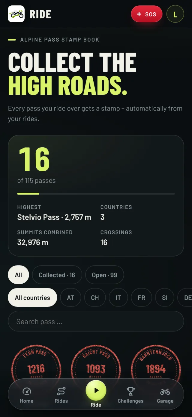 Pass book in RIDE: 16 of 115 passes, highest pass Stelvio, filter by country