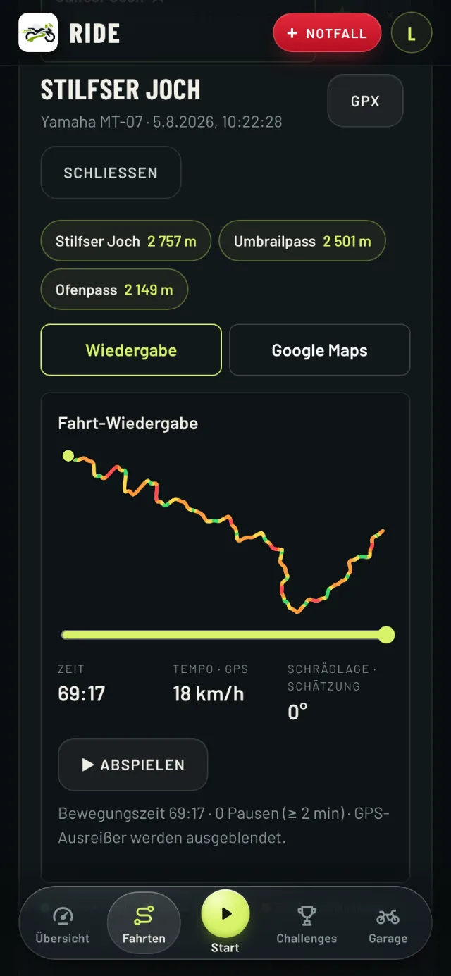 Fahrt „Stilfser Joch“ in RIDE: Wiedergabe der Strecke, farbig nach Schräglage, mit Zeit und Tempo