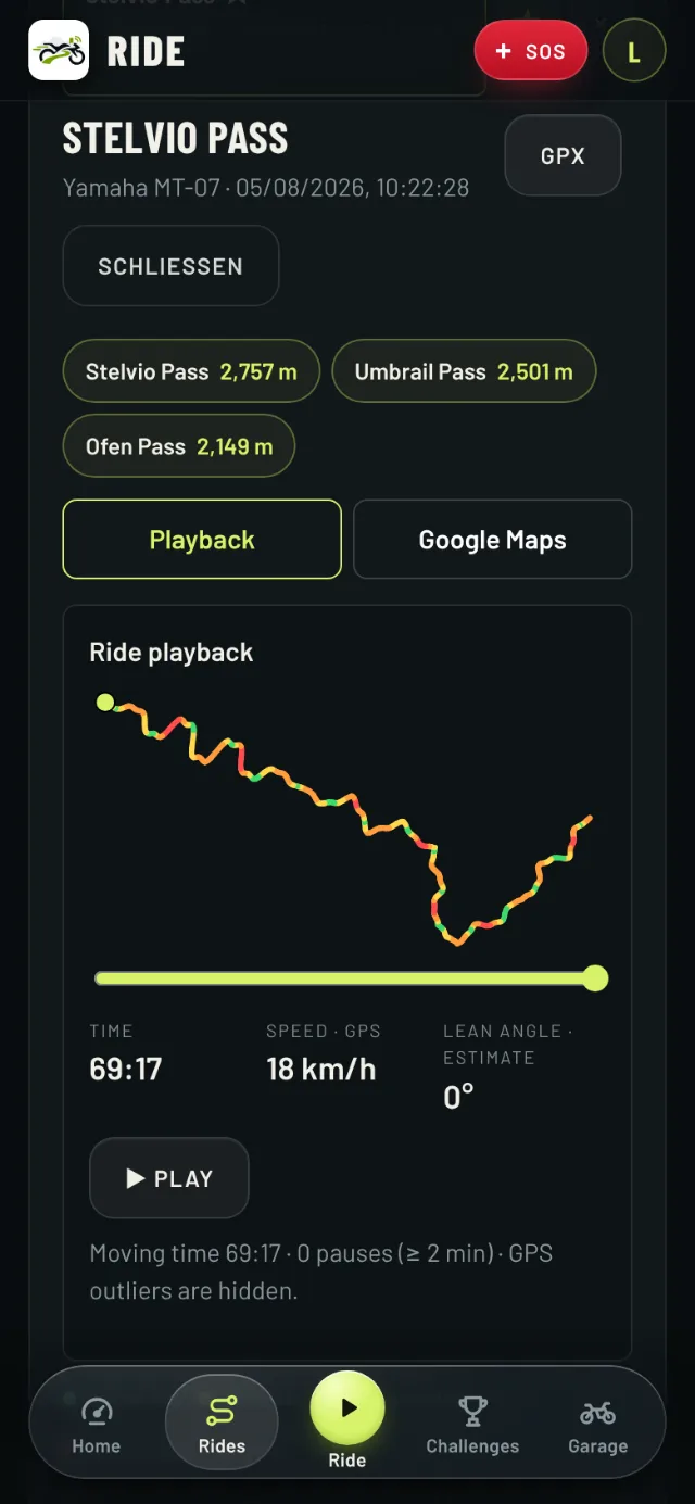 The ride “Stelvio Pass” in RIDE: replay of the route, coloured by lean angle, with time and speed