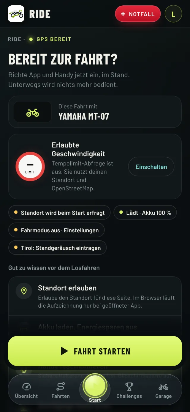„Bereit zur Fahrt?“ in RIDE: gewähltes Motorrad, erlaubte Geschwindigkeit, Hinweise vor dem Losfahren und Knopf „Fahrt starten“