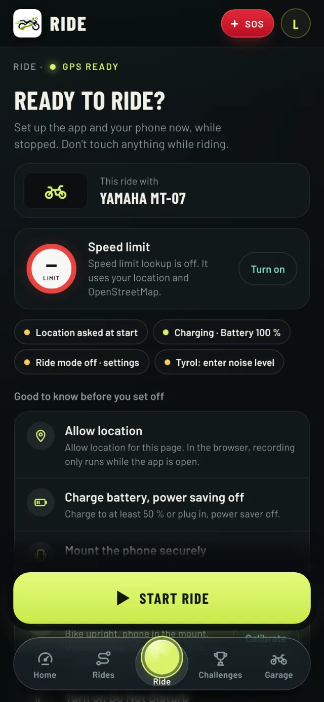 “Ready to ride?” in RIDE: selected motorcycle, permitted speed, tips before you set off and the “Start ride” button